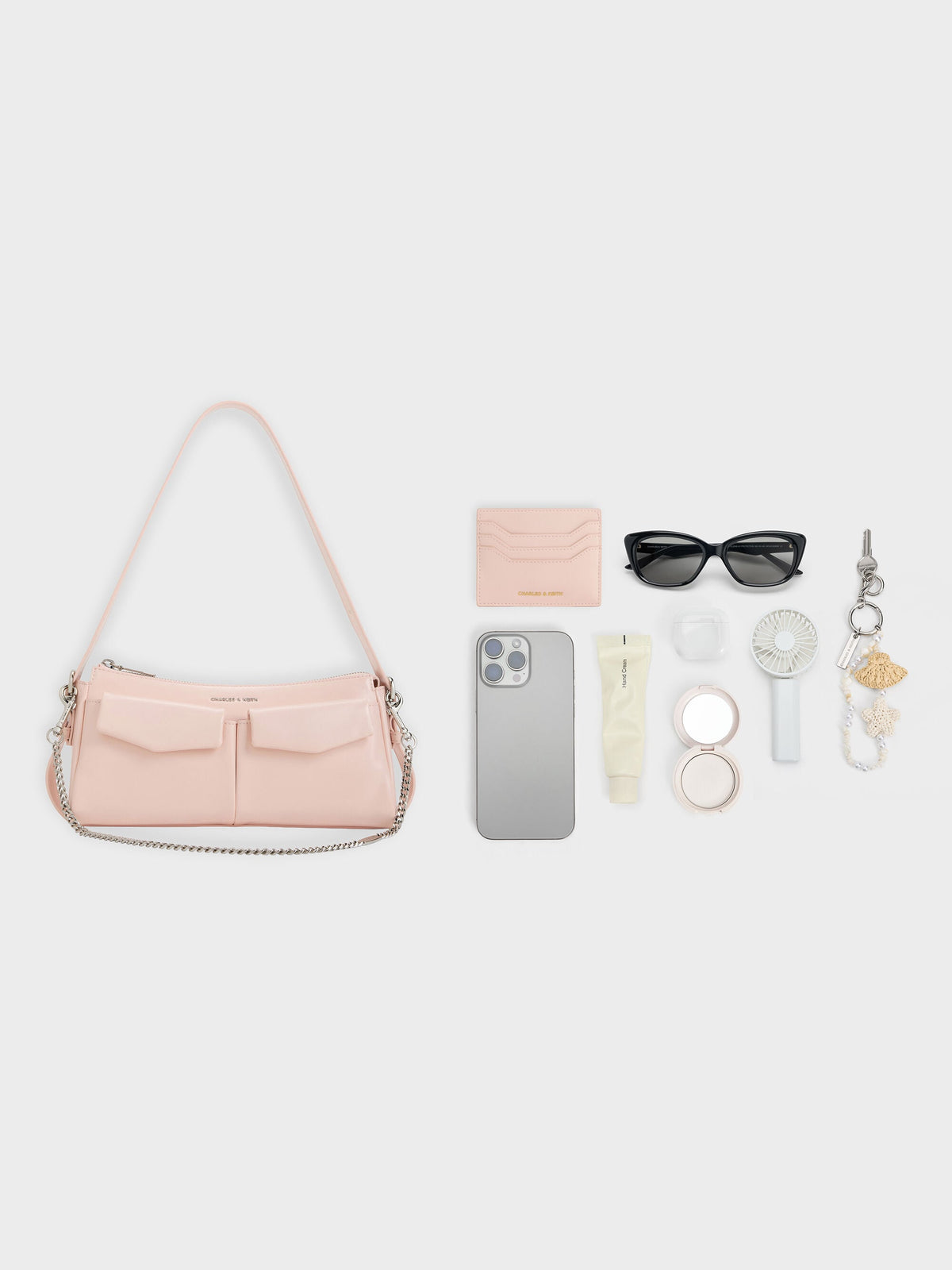 CHARLES & KEITH Trending / Rachel Front-Pocket Chain Shoulder Bag - Soft Pink