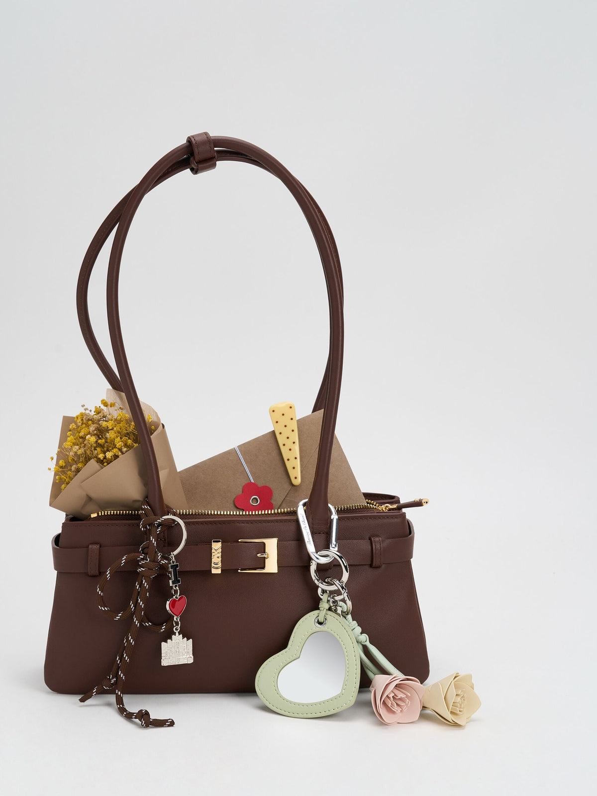 CHARLES & KEITH Everyday / Jody Leather Belted Shoulder Bag - Dark Brown