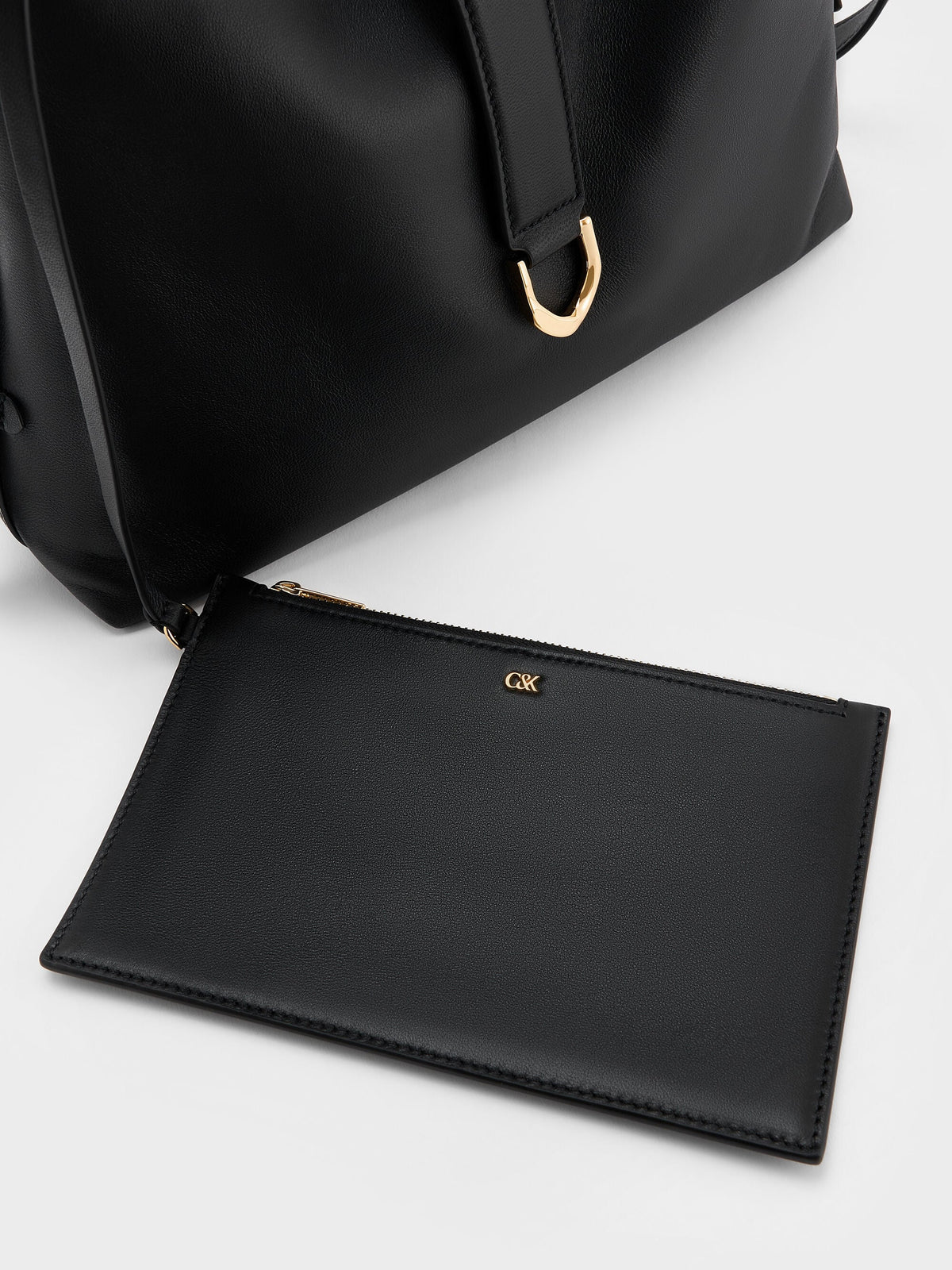 CHARLES & KEITH Trending / Gabine Leather Belted Hobo Bag - Black