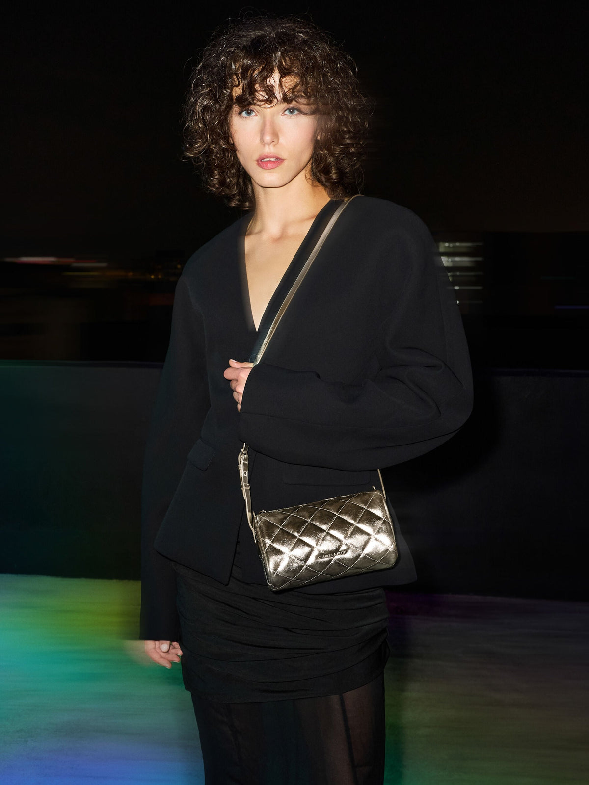 CHARLES & KEITH Great Value / Janie Metallic Quilted Shoulder Bag - Champagne