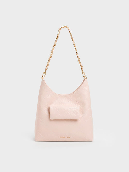 CHARLES & KEITH Exclusive / Duo Quilted Front-Pocket Chain Hobo Bag - Soft Pink