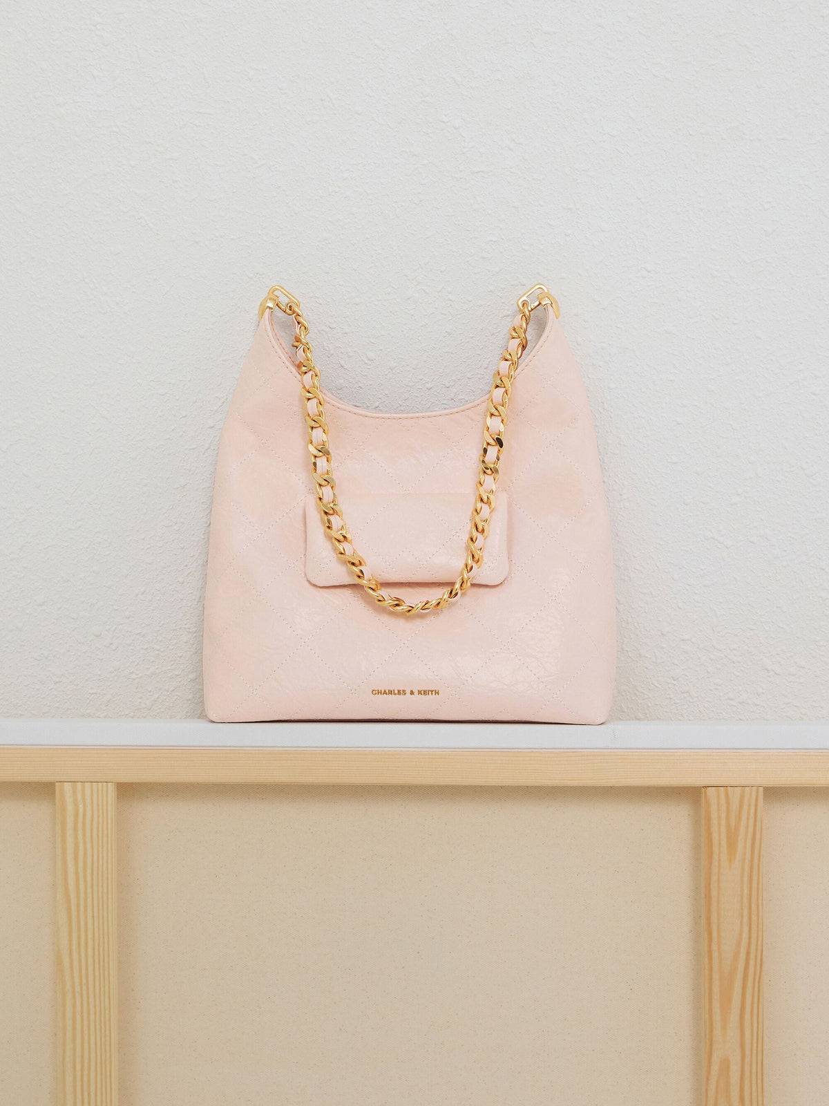 CHARLES & KEITH Exclusive / Duo Quilted Front-Pocket Chain Hobo Bag - Soft Pink