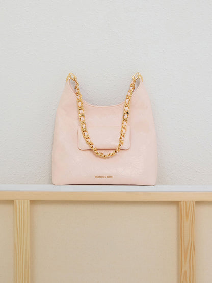 CHARLES & KEITH Exclusive / Duo Quilted Front-Pocket Chain Hobo Bag - Soft Pink