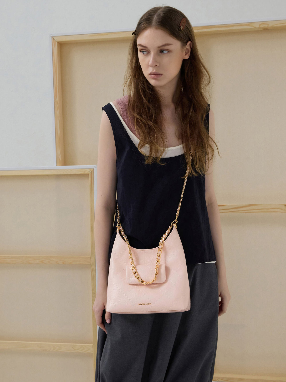 CHARLES & KEITH Exclusive / Duo Quilted Front-Pocket Chain Hobo Bag - Soft Pink