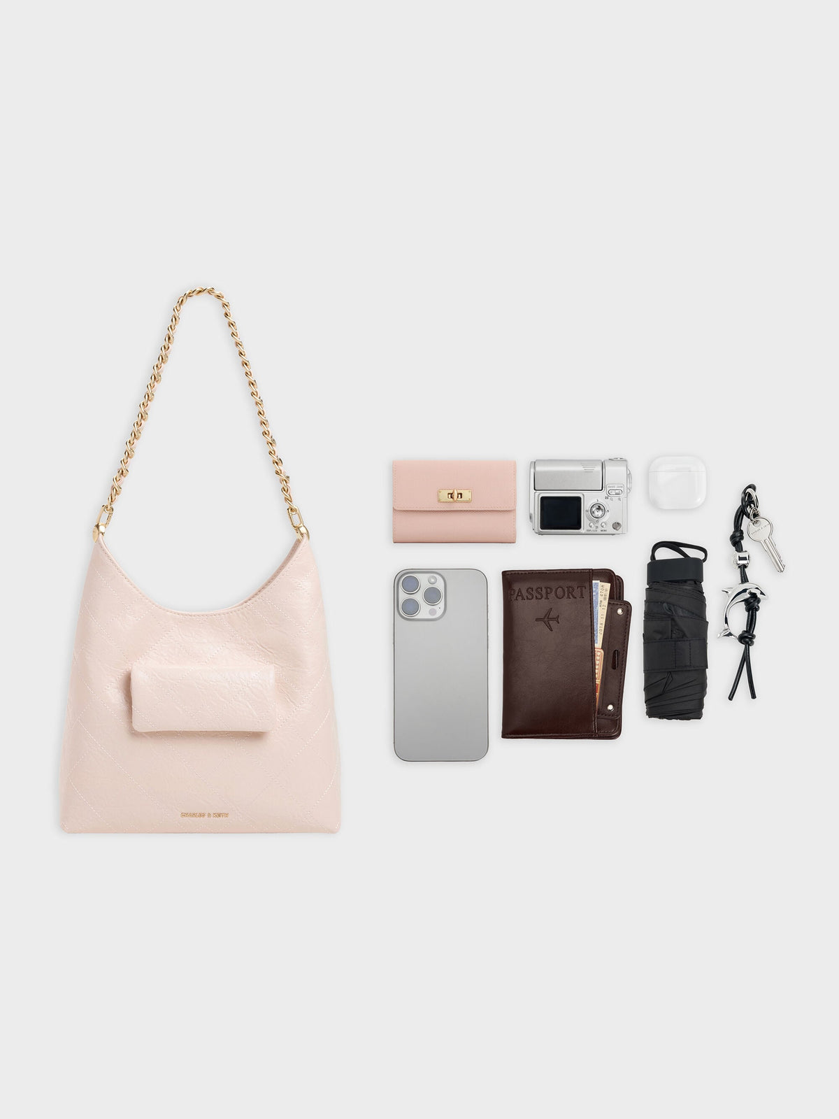 CHARLES & KEITH Exclusive / Duo Quilted Front-Pocket Chain Hobo Bag - Soft Pink