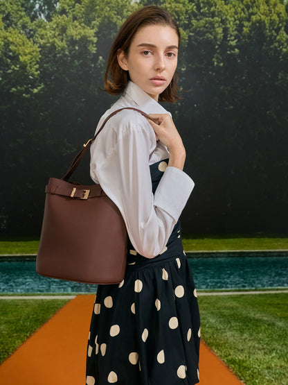 CHARLES & KEITH Sale / Jody Leather Belted Bucket Bag - Brown