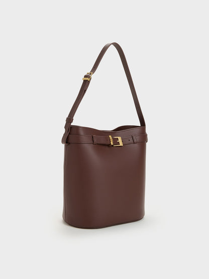 CHARLES & KEITH Sale / Jody Leather Belted Bucket Bag - Brown