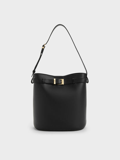 CHARLES & KEITH Deals / Jody Leather Belted Bucket Bag - Black