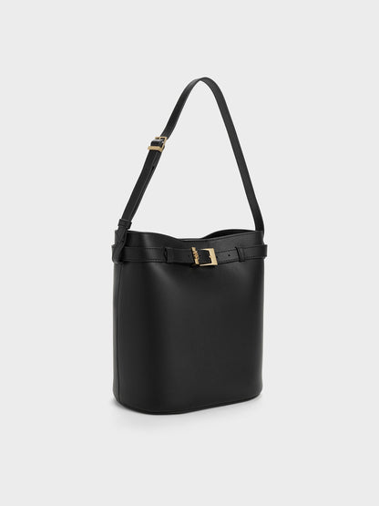 CHARLES & KEITH Deals / Jody Leather Belted Bucket Bag - Black