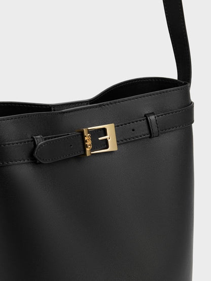 CHARLES & KEITH Deals / Jody Leather Belted Bucket Bag - Black