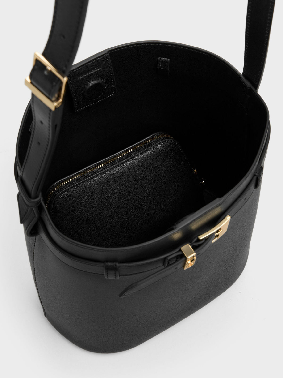 CHARLES & KEITH Deals / Jody Leather Belted Bucket Bag - Black