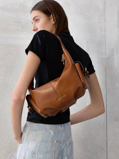 CHARLES & KEITH Great Value / Bessie Side-Pocket Hobo Bag - Distressed Tan