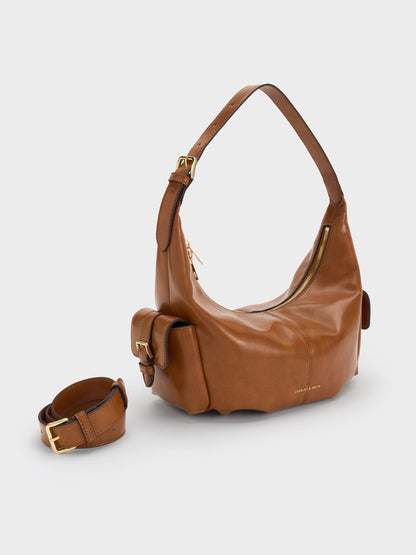 CHARLES & KEITH Great Value / Bessie Side-Pocket Hobo Bag - Distressed Tan