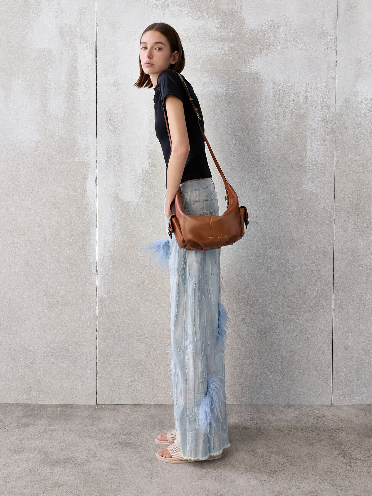 CHARLES & KEITH Great Value / Bessie Side-Pocket Hobo Bag - Distressed Tan