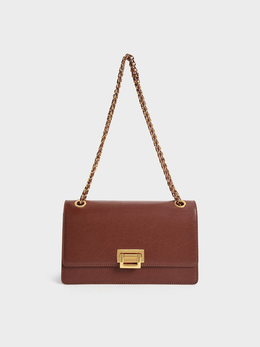 CHARLES & KEITH Classic / Everline Braided-Strap Shoulder Bag - Chocolate