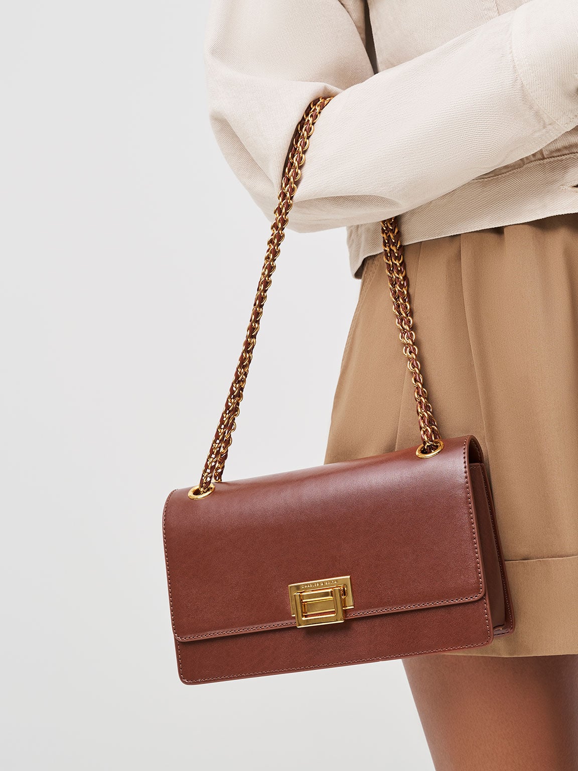 CHARLES & KEITH Classic / Everline Braided-Strap Shoulder Bag - Chocolate