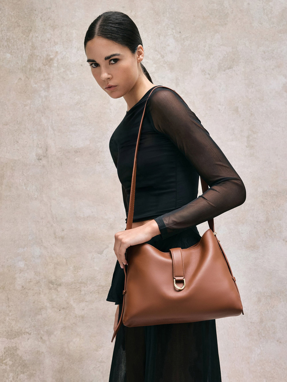 CHARLES & KEITH Customer Favorite / Gabine Leather Belted Hobo Bag - Chocolate