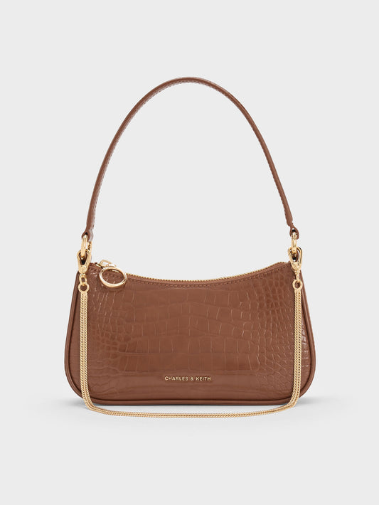 CHARLES & KEITH New / Elspeth Croc-Effect Shoulder Bag - Chocolate Croco