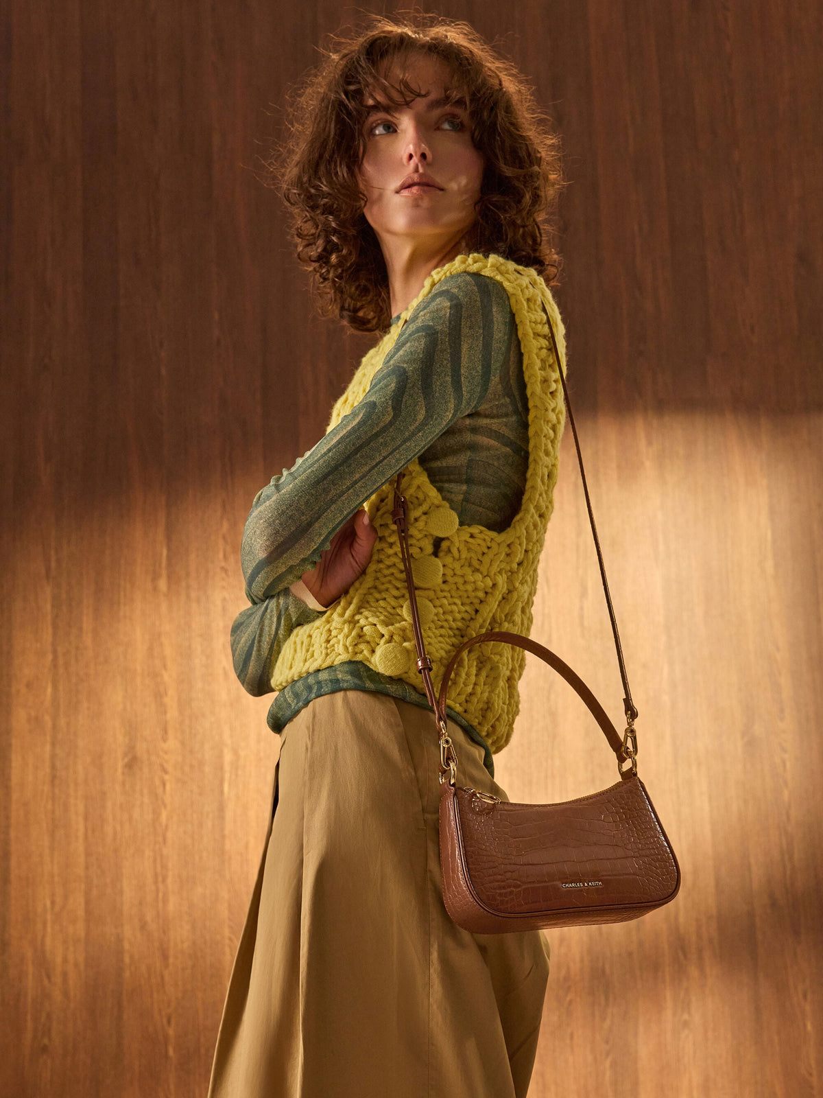 CHARLES & KEITH New / Elspeth Croc-Effect Shoulder Bag - Chocolate Croco