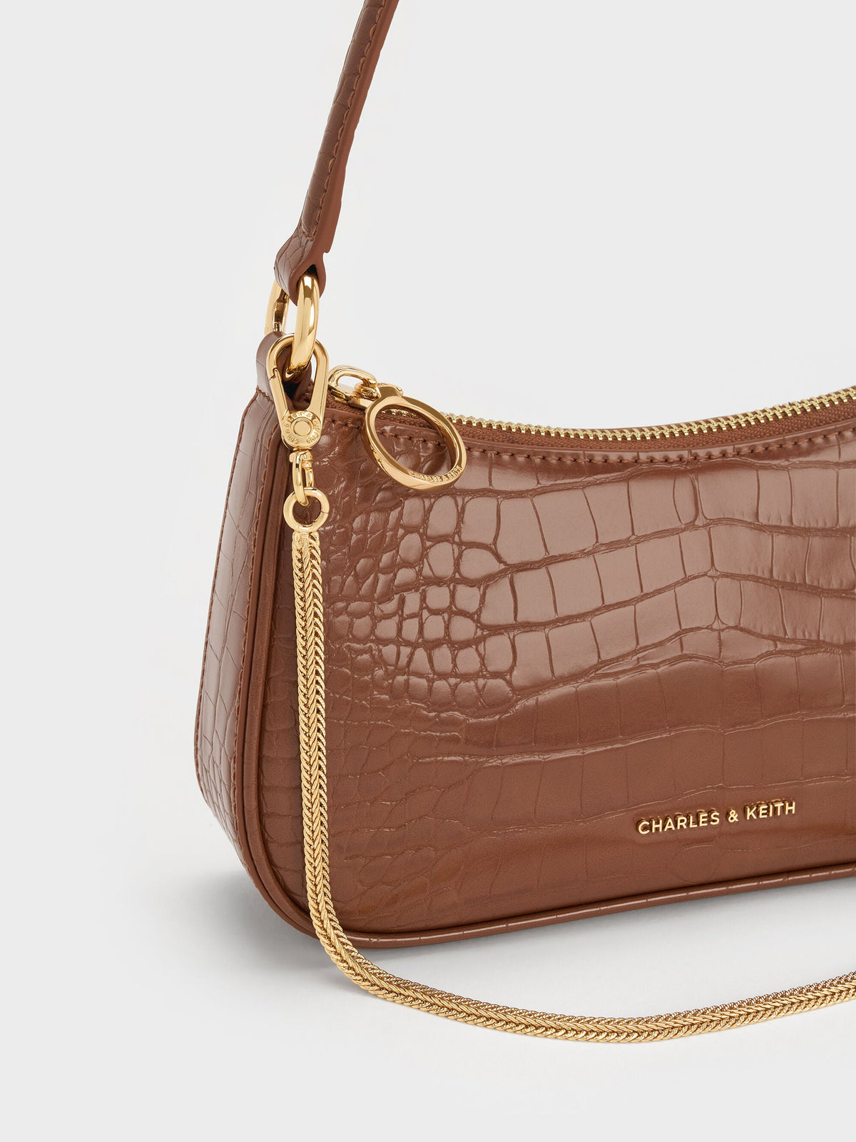 CHARLES & KEITH New / Elspeth Croc-Effect Shoulder Bag - Chocolate Croco