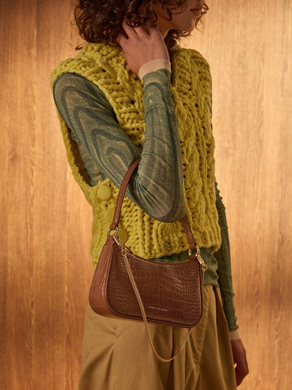 CHARLES & KEITH New / Elspeth Croc-Effect Shoulder Bag - Chocolate Croco