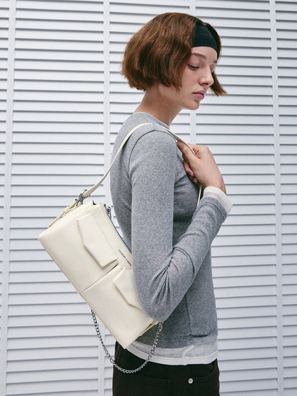 CHARLES & KEITH Essential / Rachel Front-Pocket Chain Shoulder Bag - Cream