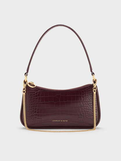 CHARLES & KEITH Recommended / Elspeth Croc-Effect Chain-Link Shoulder Bag - Maroon Red Croco