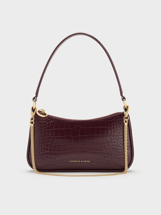 CHARLES & KEITH Recommended / Elspeth Croc-Effect Chain-Link Shoulder Bag - Maroon Red Croco