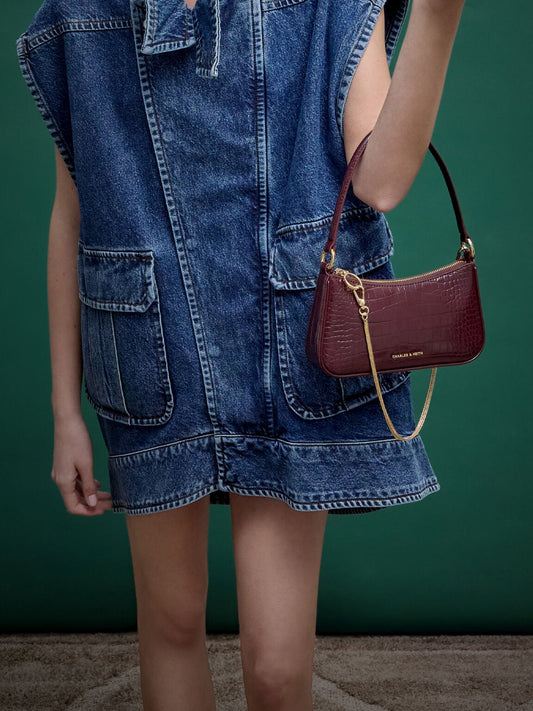 CHARLES & KEITH Recommended / Elspeth Croc-Effect Chain-Link Shoulder Bag - Maroon Red Croco