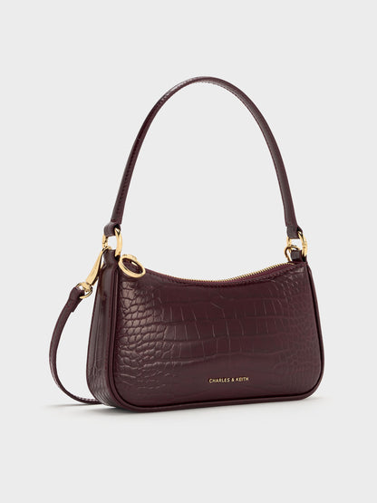 CHARLES & KEITH Recommended / Elspeth Croc-Effect Chain-Link Shoulder Bag - Maroon Red Croco