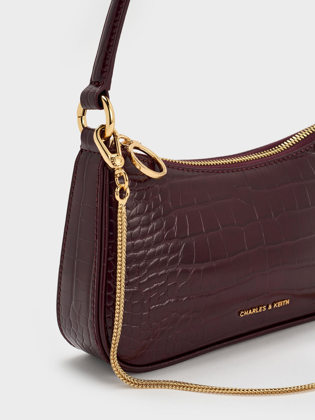 CHARLES & KEITH Recommended / Elspeth Croc-Effect Chain-Link Shoulder Bag - Maroon Red Croco