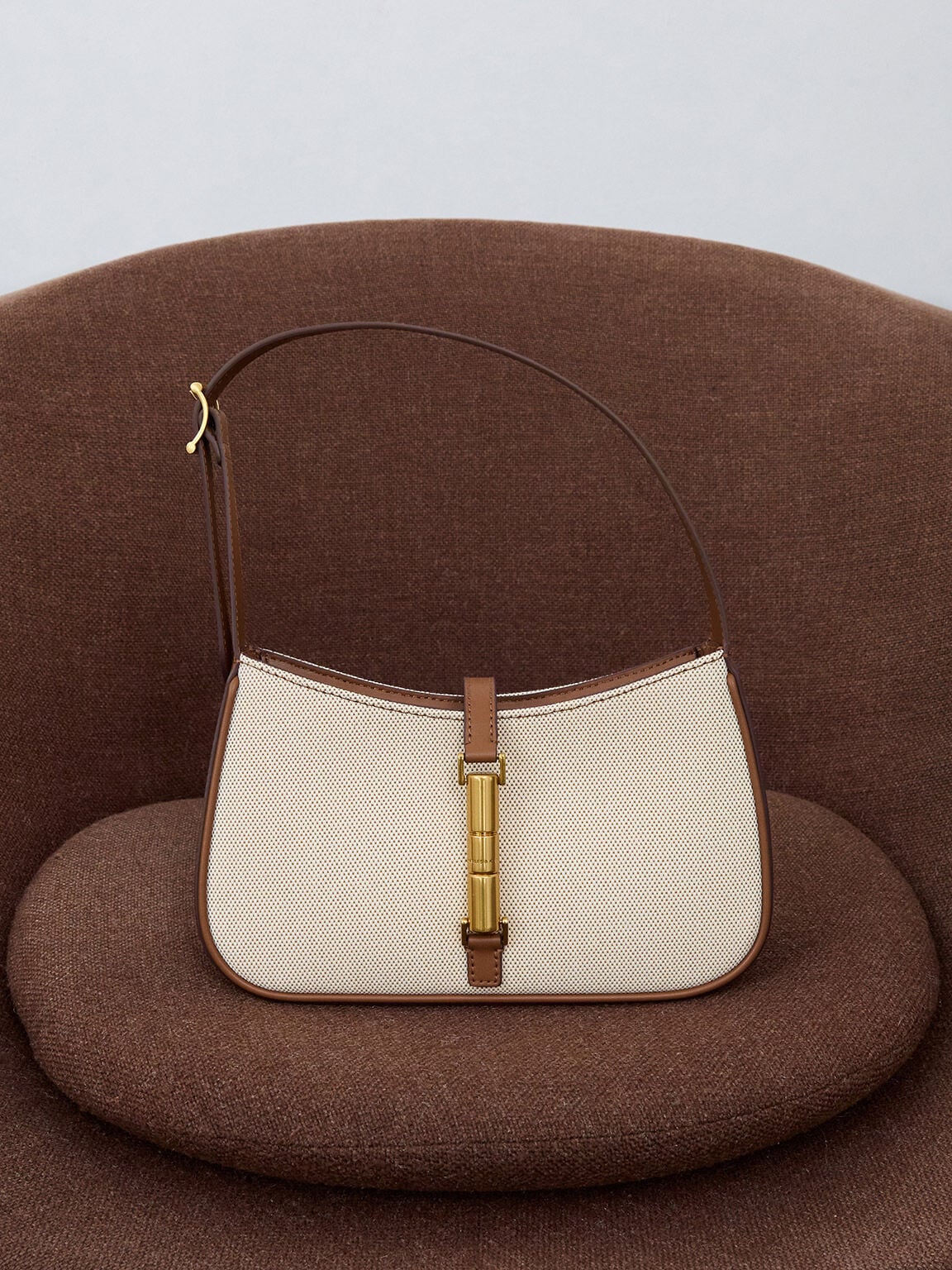 CHARLES & KEITH Value / Cesia Canvas Metallic-Accent Shoulder Bag - Chocolate