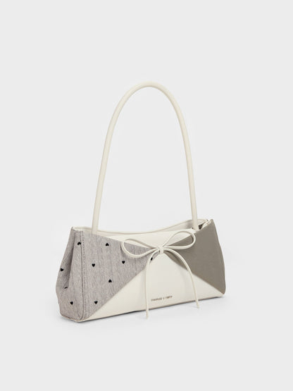 CHARLES & KEITH Discount / Hazel Heart-Print Bow Panelled Shoulder Bag - Taupe