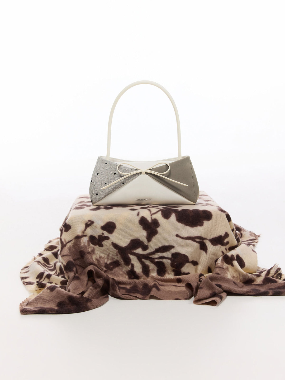 CHARLES & KEITH Discount / Hazel Heart-Print Bow Panelled Shoulder Bag - Taupe