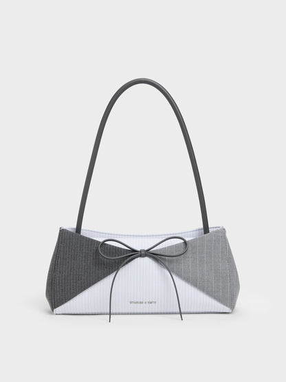 CHARLES & KEITH Popular / Hazel Striped Bow Panelled Shoulder Bag - Grey