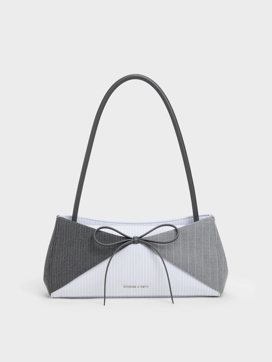 CHARLES & KEITH Popular / Hazel Striped Bow Panelled Shoulder Bag - Grey
