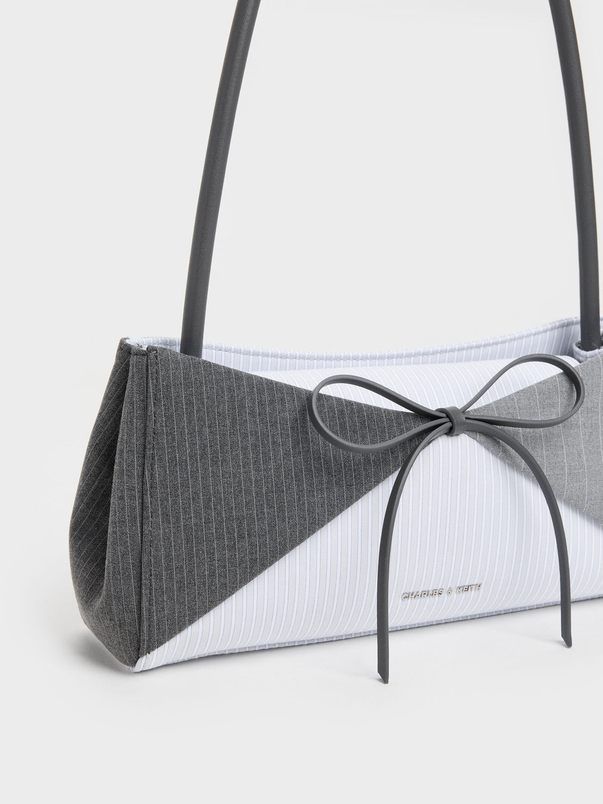CHARLES & KEITH Popular / Hazel Striped Bow Panelled Shoulder Bag - Grey