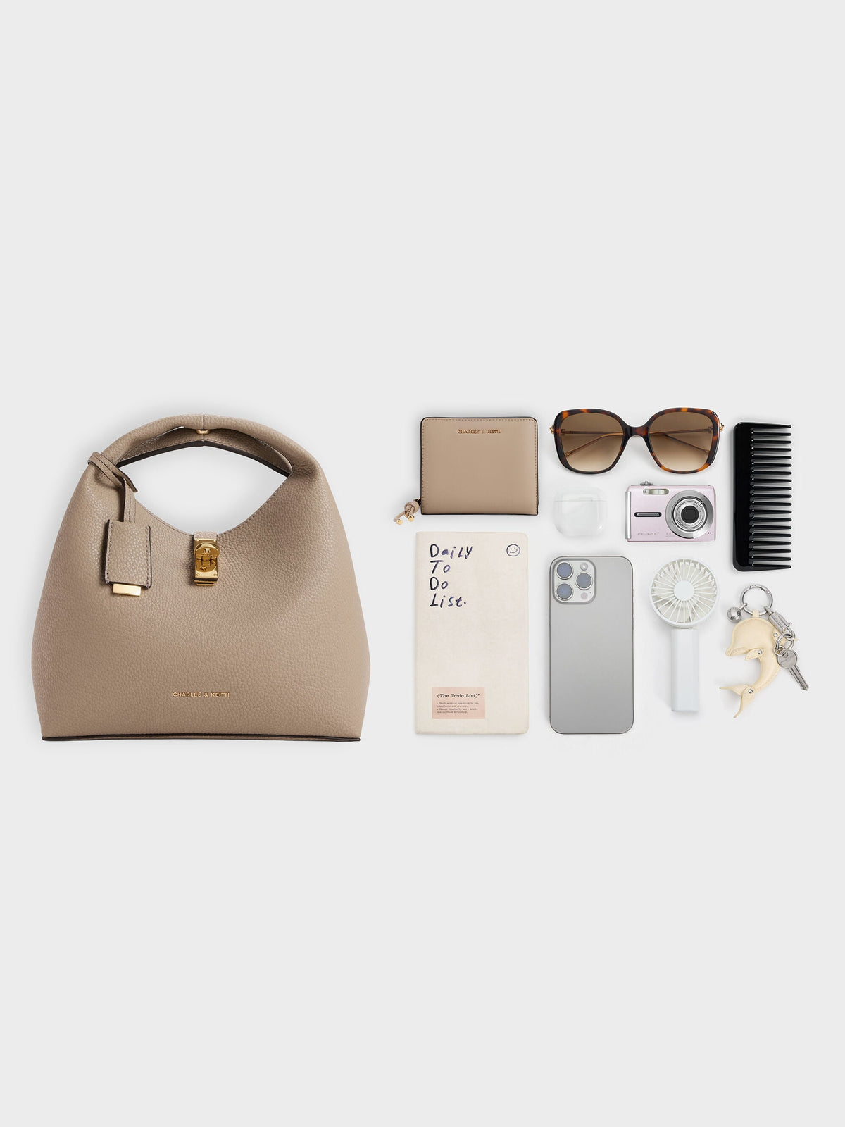 CHARLES & KEITH Premium / Chance Turn-Lock Bucket Bag - Taupe