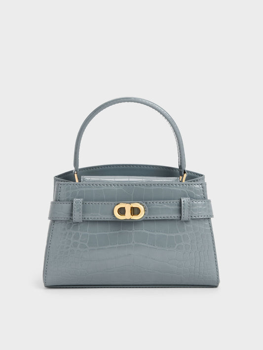 CHARLES & KEITH Quality / Aubrielle Croc-Effect Belted Top Handle Bag - Smoky Blue