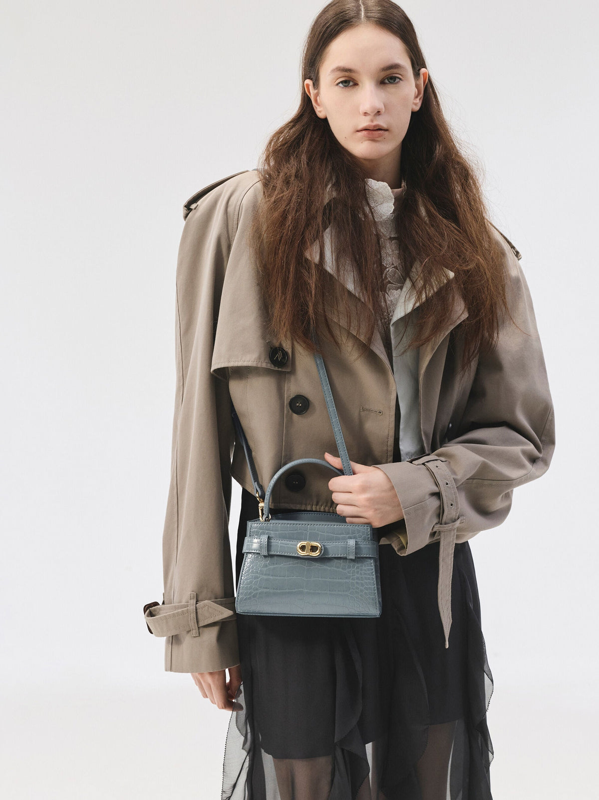 CHARLES & KEITH Quality / Aubrielle Croc-Effect Belted Top Handle Bag - Smoky Blue