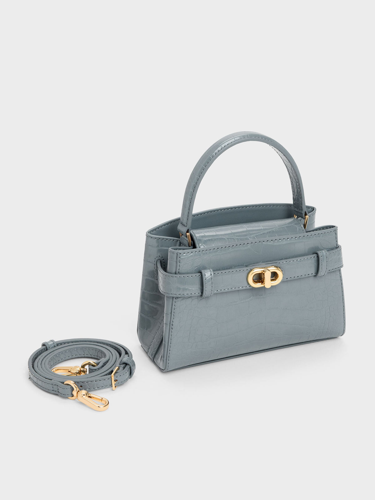 CHARLES & KEITH Quality / Aubrielle Croc-Effect Belted Top Handle Bag - Smoky Blue