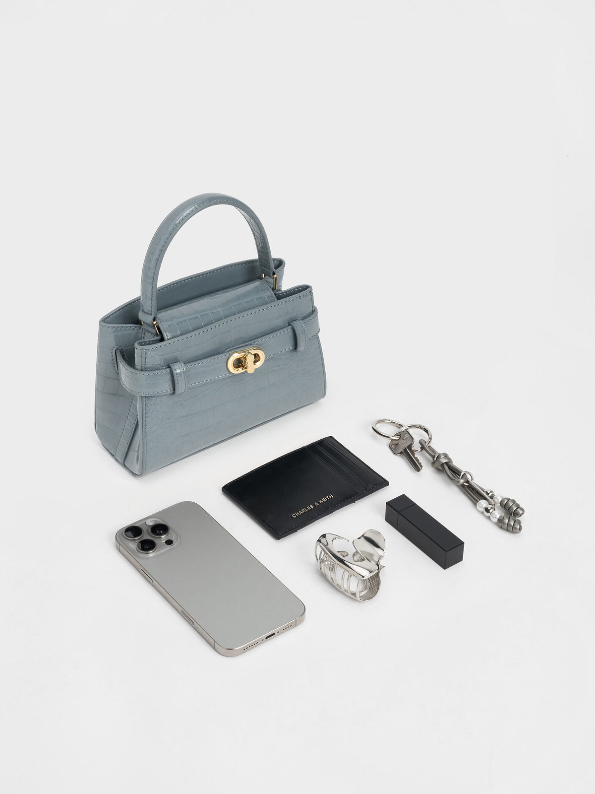 CHARLES & KEITH Quality / Aubrielle Croc-Effect Belted Top Handle Bag - Smoky Blue