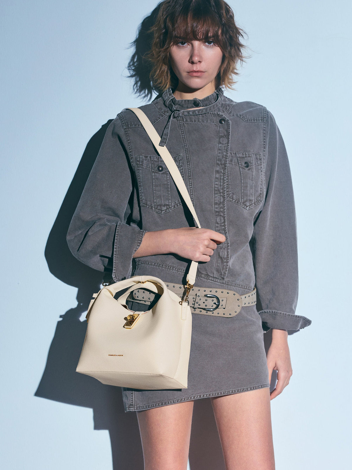 CHARLES & KEITH New / Chance Turn-Lock Bucket Bag - Cream