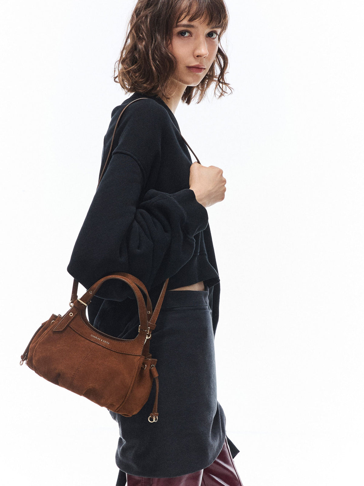 CHARLES & KEITH Classic / Mini Lillith Drawstring Bucket Bag - Pecan Brown