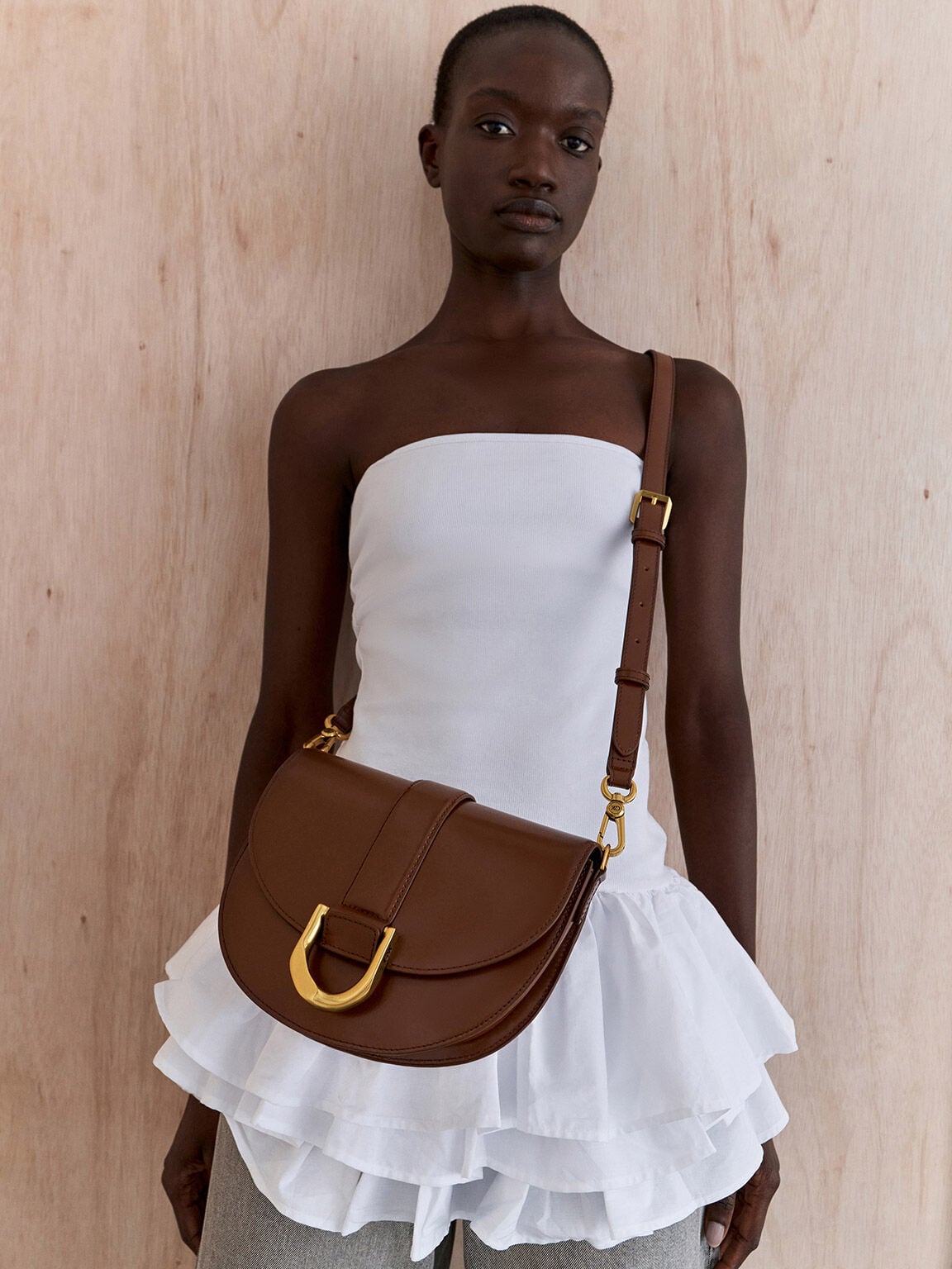 CHARLES & KEITH Everyday / Gabine Leather Saddle Bag - Dark Brown