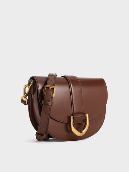 CHARLES & KEITH Everyday / Gabine Leather Saddle Bag - Dark Brown