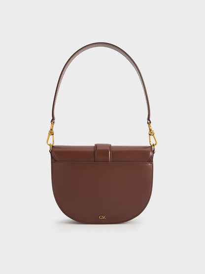CHARLES & KEITH Everyday / Gabine Leather Saddle Bag - Dark Brown
