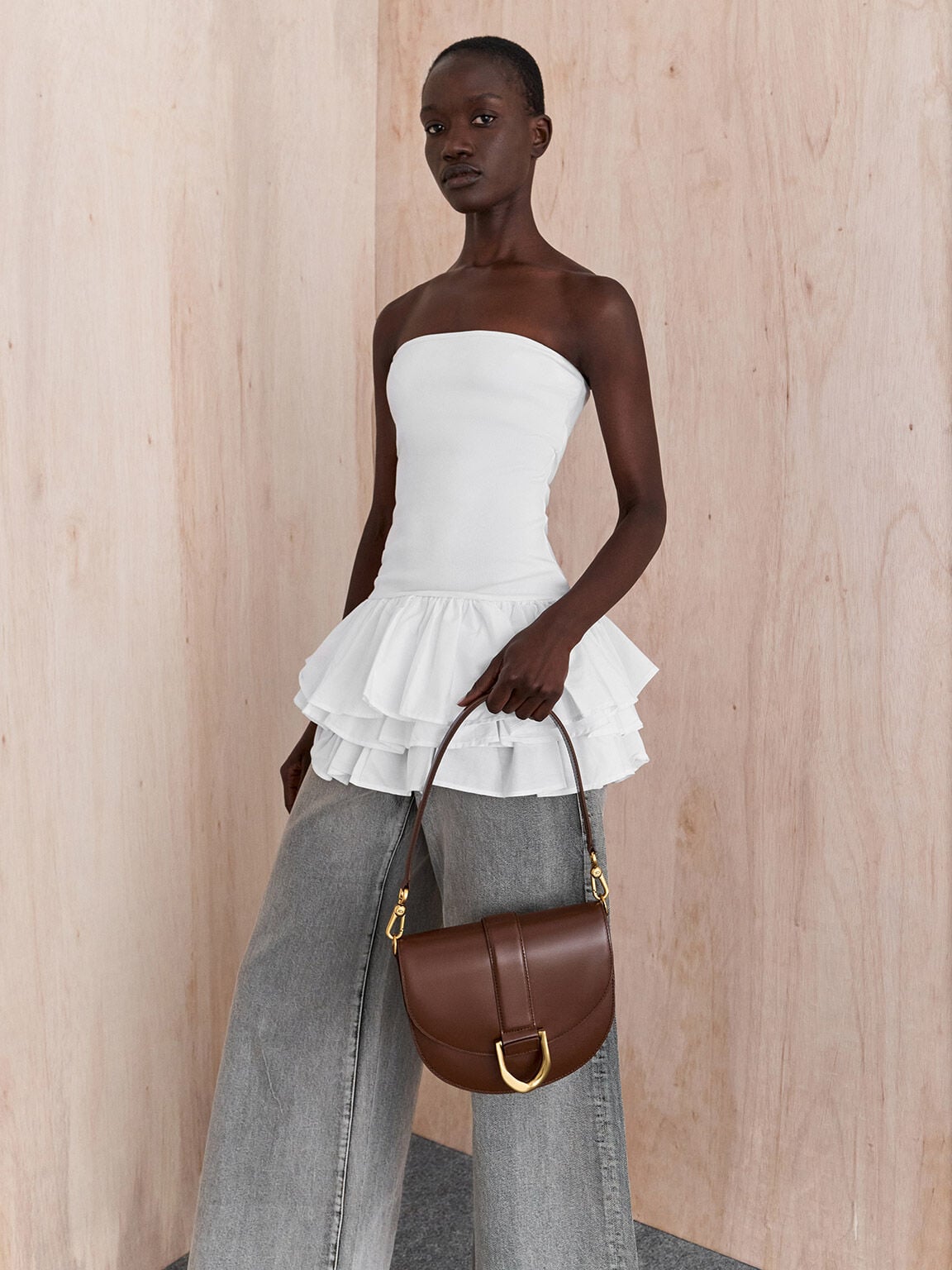 CHARLES & KEITH Everyday / Gabine Leather Saddle Bag - Dark Brown