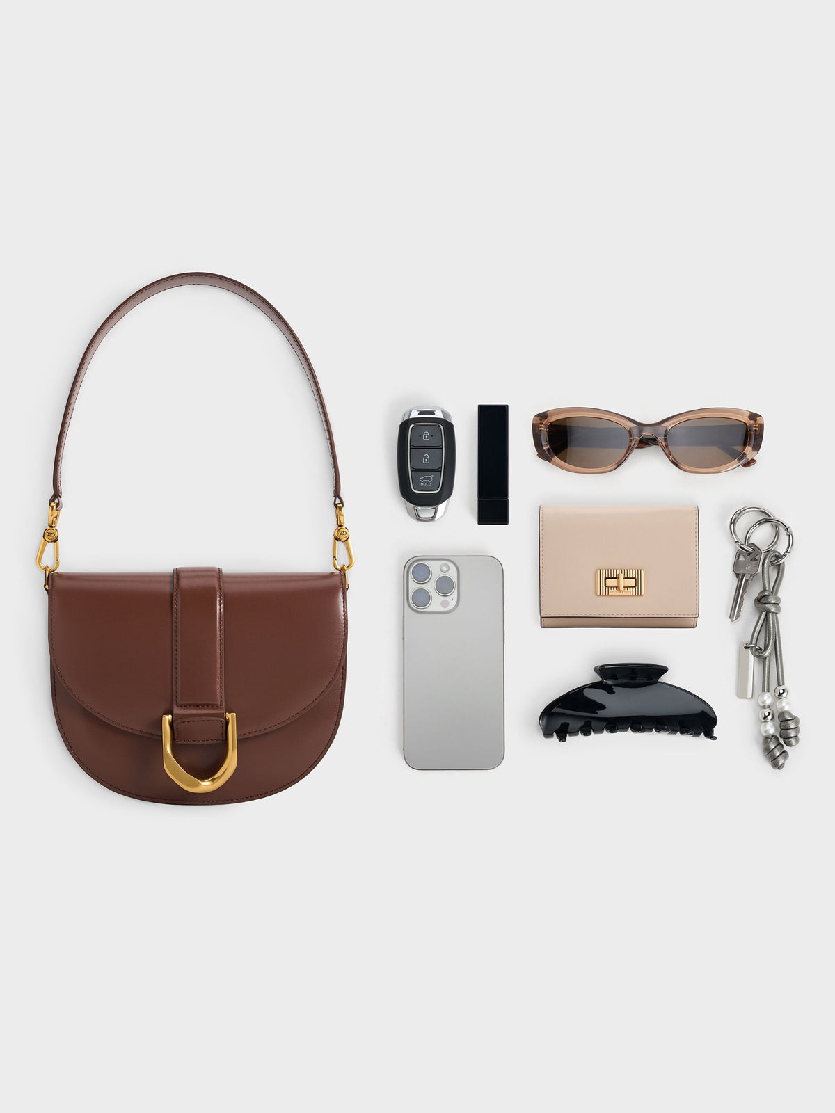 CHARLES & KEITH Everyday / Gabine Leather Saddle Bag - Dark Brown