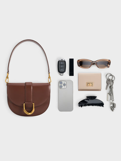 CHARLES & KEITH Everyday / Gabine Leather Saddle Bag - Dark Brown